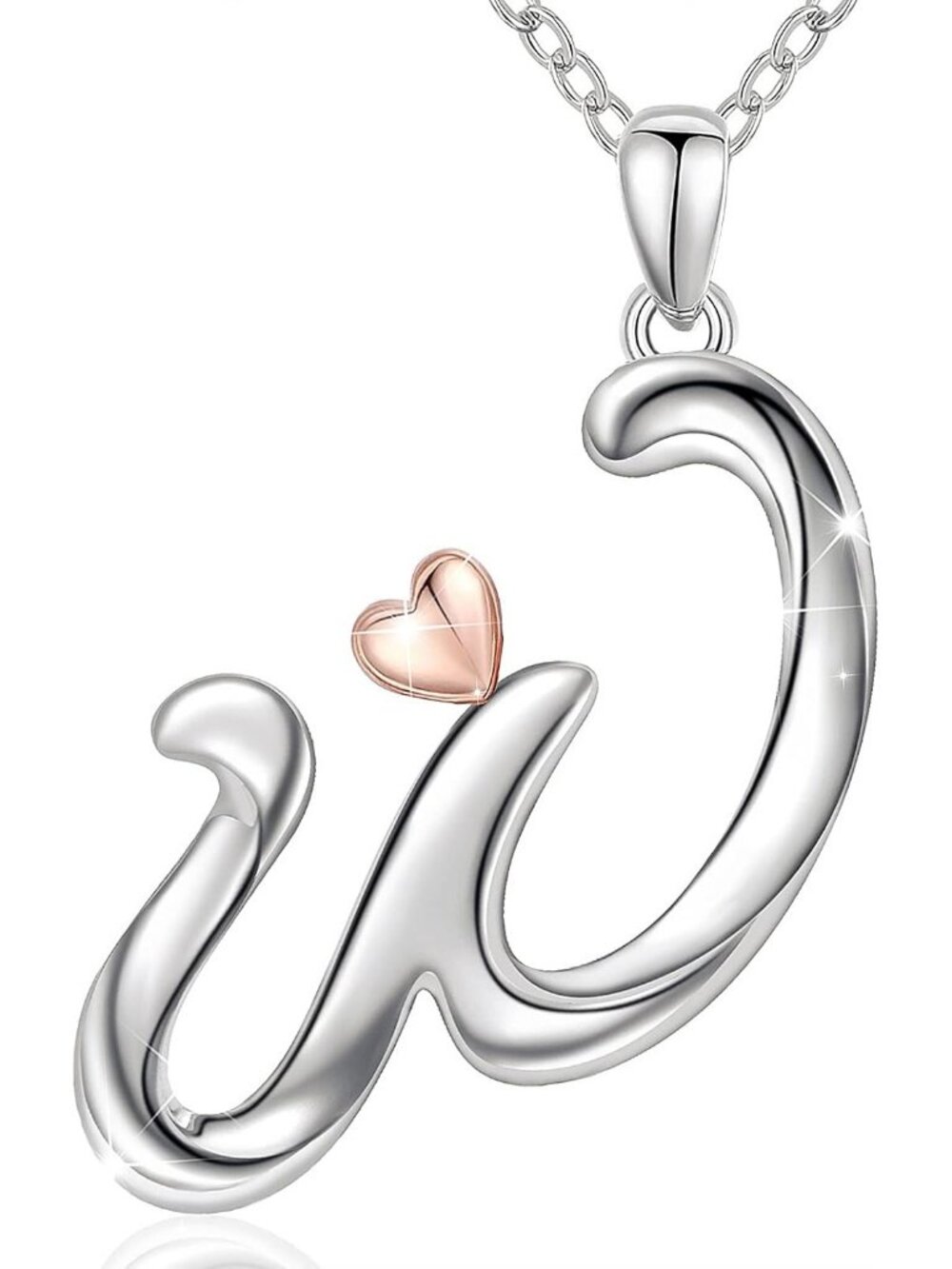 Women's Initial W Necklace Sterling Silver Letter Pendant Rose Gold Heart Chain